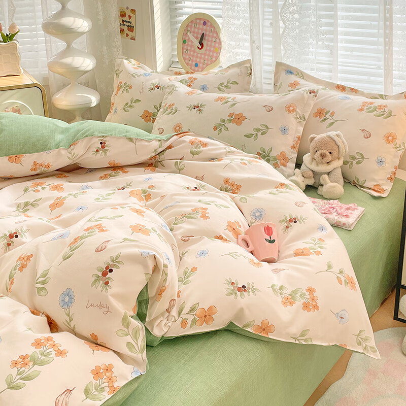 羽匠加厚磨毛小清新印花四件套学生宿舍套件家用床单柔软四件套秋冬季 春田花花 床单款 （被套150*200cm）三件套