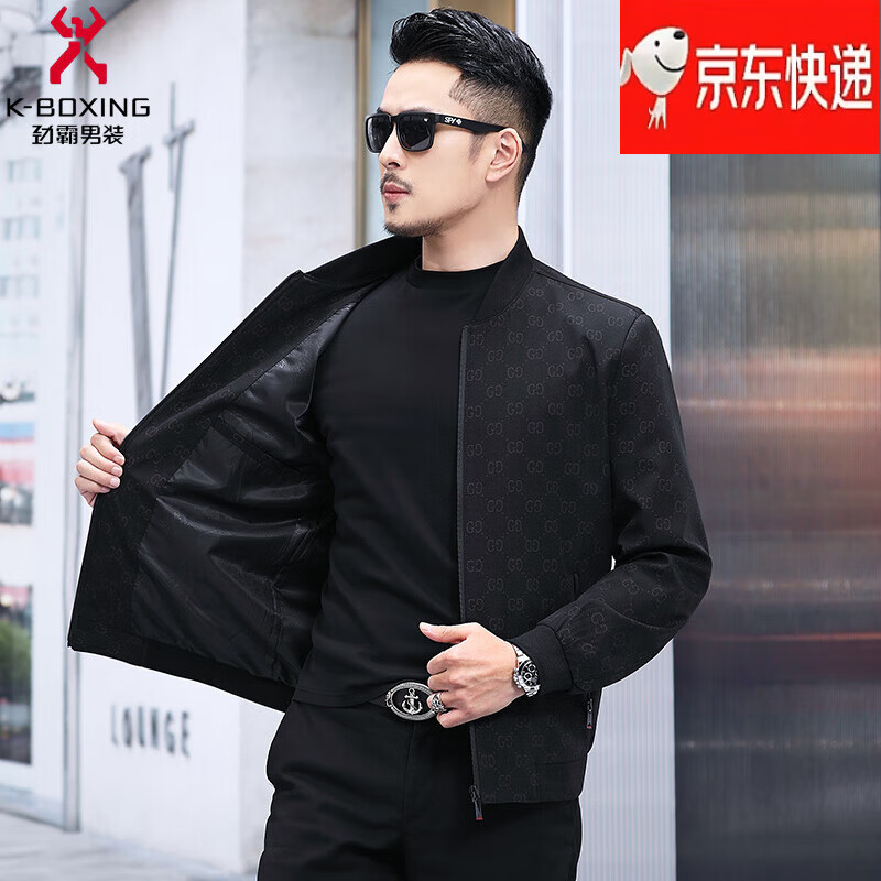 KBXNG劲霸官方旗舰夹克男秋季时尚帅气棒球领修身格子休闲抗皱外套 墨绿 4XL 195(适合180-200斤)