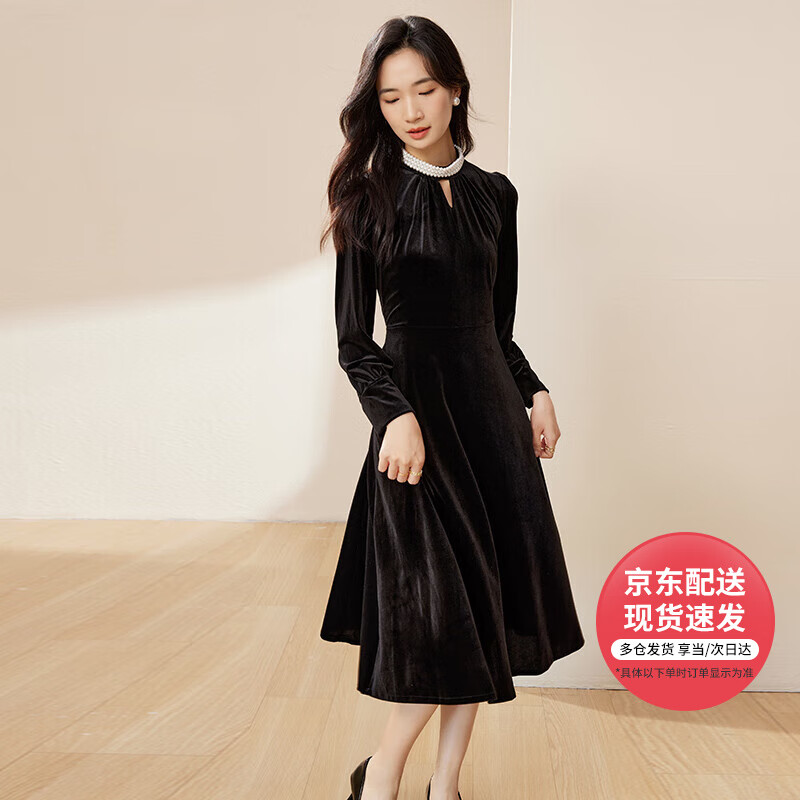凡琴丝绒钉珠连衣裙镂空复古25年春小个子高级感 444L73435 黑色 M 