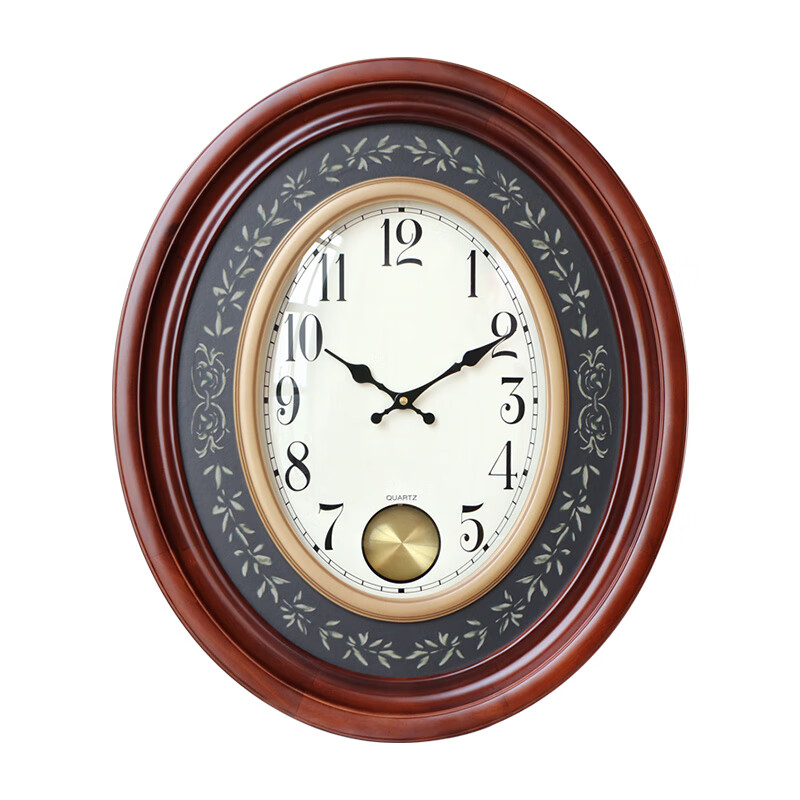 楓葉鐘表歐式家用實木輕奢簡約掛鐘客廳創(chuàng)意潮流現(xiàn)代大氣橢圓裝飾時鐘 5266松木+霸王機(jī)芯