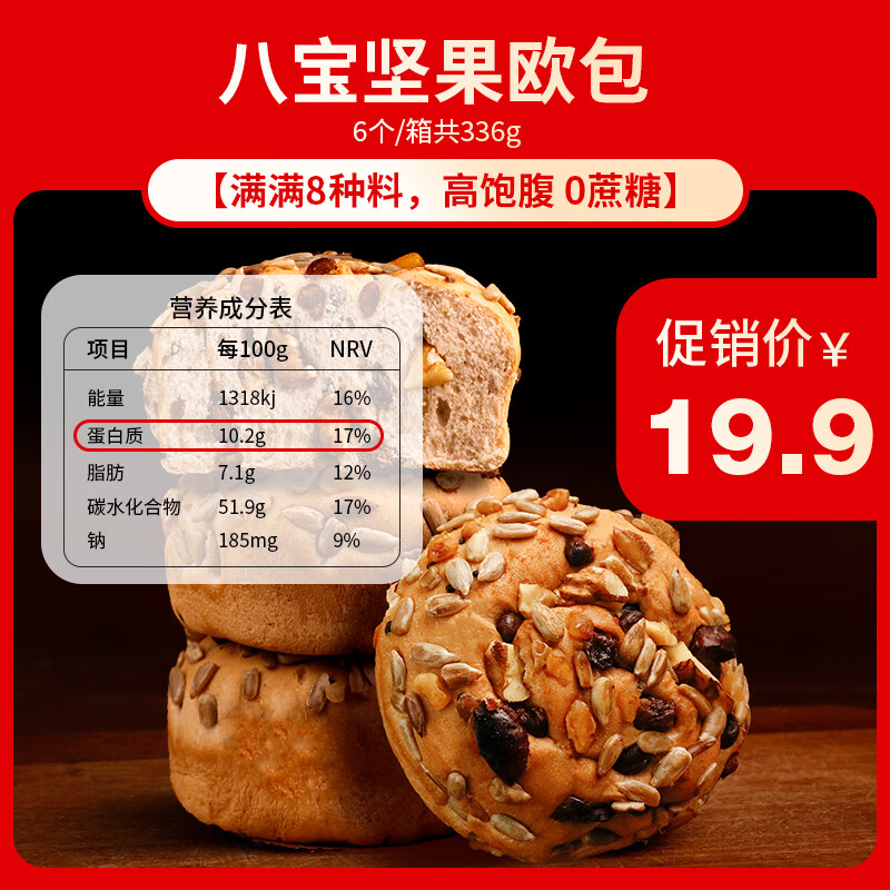 沈小善（SHEN XIAO SHAN）堅果歐包八寶全麥面包餅干大列巴雜糧代餐整箱早餐飽腹零食 【嘗鮮】6個(gè)/份（新疆核桃新疆棗，滿(mǎn)滿(mǎn)8種料）