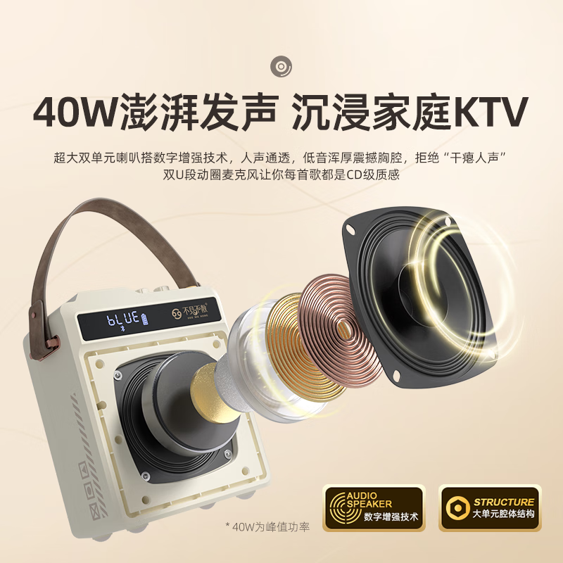 不见不散N5家用专业K歌音响【帮下歌】手提户外便携式大音量手持麦克风卡拉OK广场舞无线蓝牙小音箱 深灰色【双麦版】+32G卡