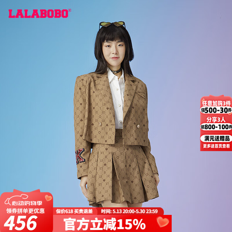 拉拉波波【美拉德】春季新老花满印休闲短款西装外套女CBBC-WSXW11 棕色 M 165