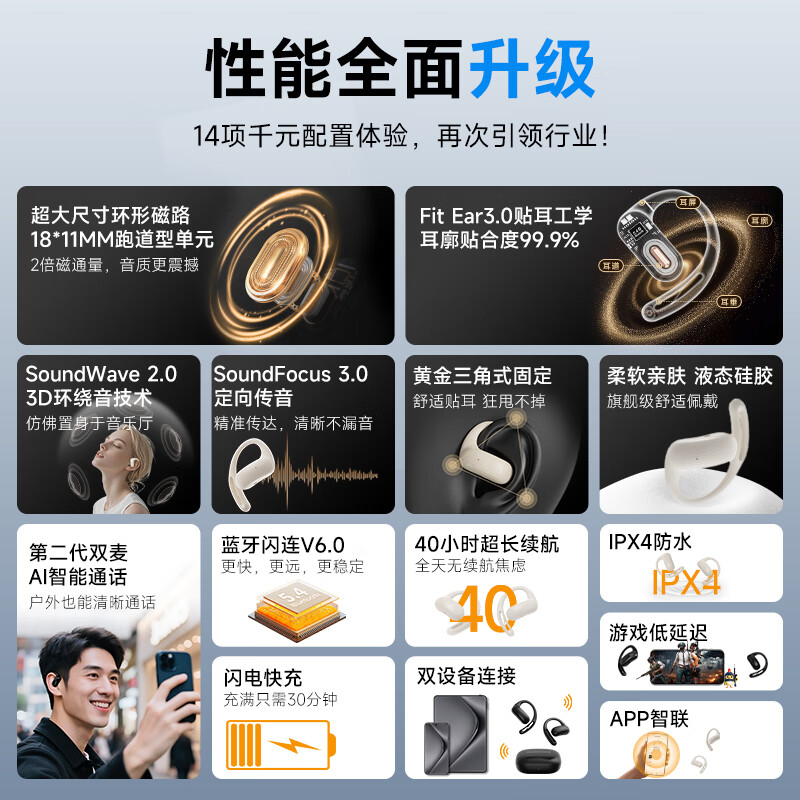 BarbetSound S10 运动跑步蓝牙耳机挂耳式 真无线开放式骨传导概念不入耳超长续航适用于安卓苹果iPad华为平板 【超长续航丨跑道形喇叭】米白色