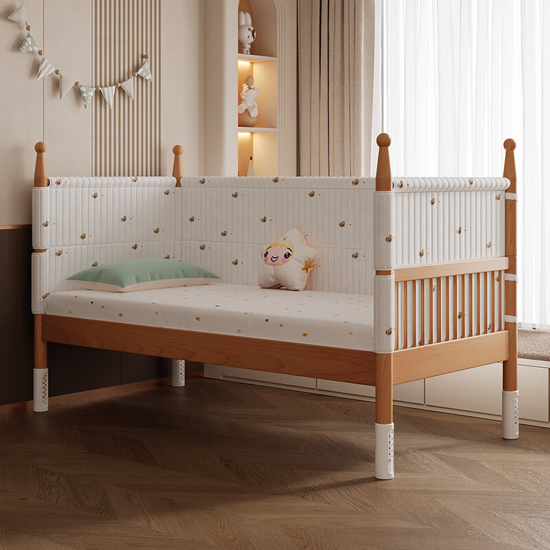 枫眠榉木婴儿拼接床实木加高带护栏加宽床大人可睡小床宝宝儿童床 床+牛油果绿床围+6cm椰棕乳胶垫 180x80cm