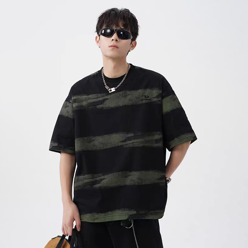 顶峰保罗（Dingfengbaoluo）纯棉短袖男夏季宽松条纹美式重磅休闲T恤HL64黑绿色2XL