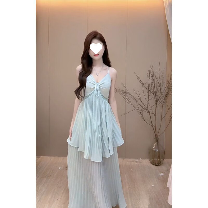 UKUHPK2025法式吊帶裙露腰海邊不規(guī)則度假顯瘦沙灘百褶連衣裙女 藍(lán)綠色 S