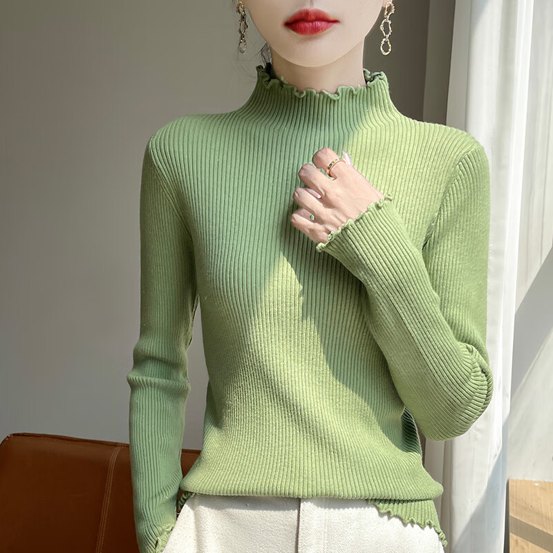 香影芬高级感木耳边针织衫女内搭秋冬打底衫2025新款洋气半高领花边毛衣 米色 L (建议105-115斤)