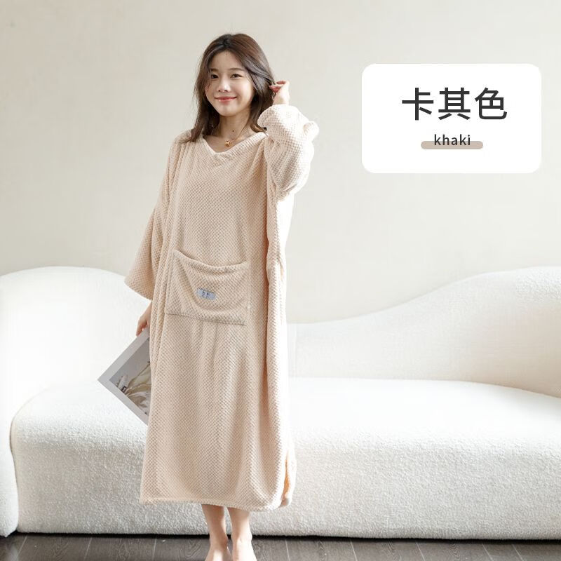 三棲虎wujin浴巾女不掉毛公主風(fēng)可穿成人家用全身吸水學(xué)生性感裹胸抹胸 卡其色+Long Bathrobes 加大尺寸【110*140】+瞬吸不掉毛