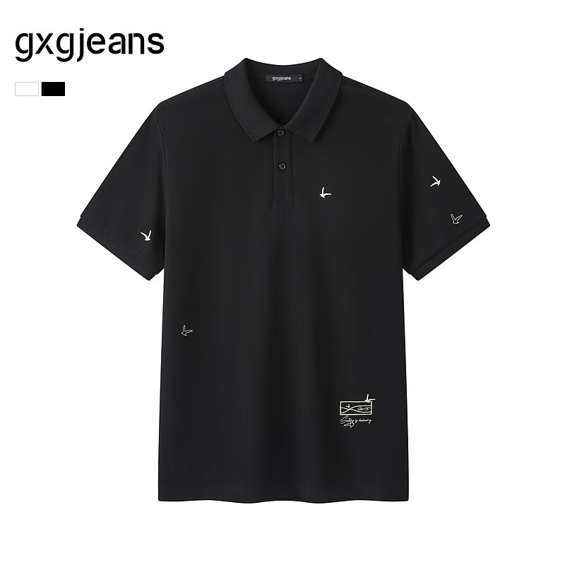 gxgjeans男装 多色满身刺绣休闲时尚基础翻领短袖polo衫25夏新品 黑色 3XL