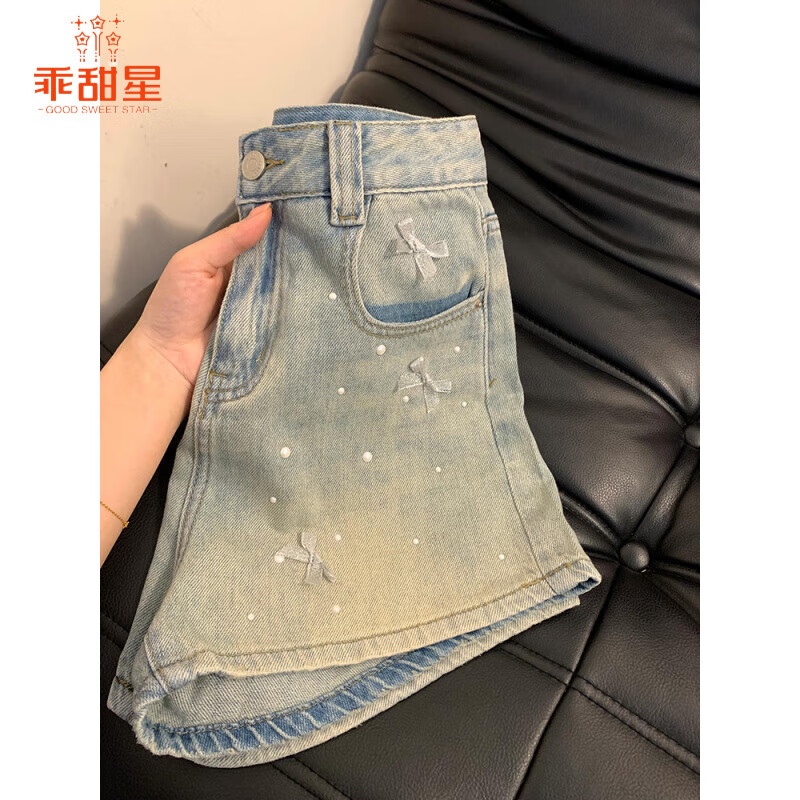 乖甜星大碼蝴蝶結(jié)燙鉆牛仔短褲女夏季高腰顯瘦a字超短褲美式辣妹熱褲子 藍色 L 【建議105-120斤】