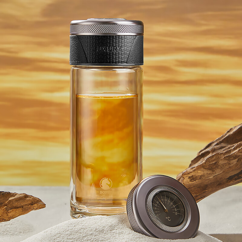 宝菲尼(BOFIN)机械温显玻璃杯轻奢高端茶水分离泡茶杯双层水晶杯便携车载水杯 【机械温显】直身杯黑色 400ml