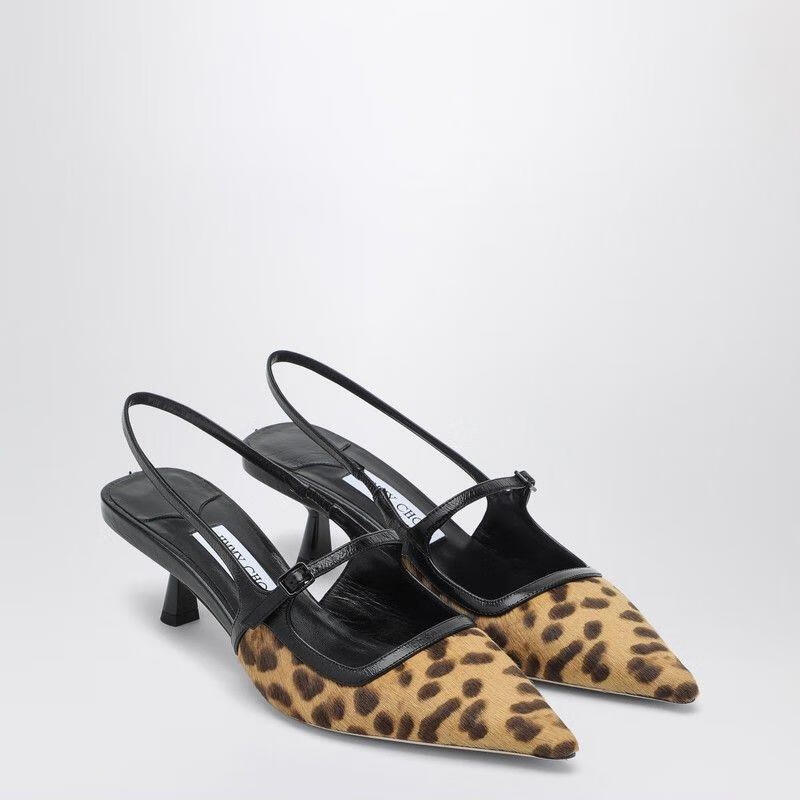 周仰杰（JIMMY CHOO ）女款豹紋 pony 皮高跟鞋尖頭彈力搭扣金屬logo半拖尖頭單鞋 PINK 20 |41 IT(20后為準(zhǔn))