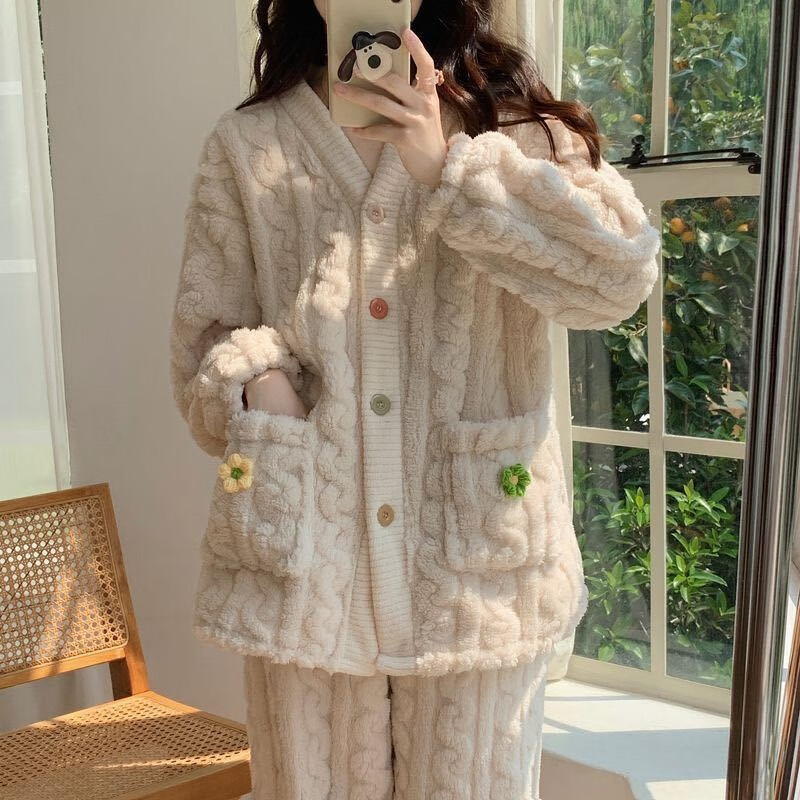 诗莉奥(SHILIAO)彩虹开衫睡衣女法兰绒套装秋冬季保暖仙女风睡袍可外穿甜美家居服 小花粉色套装 均码 【适合90-140斤】