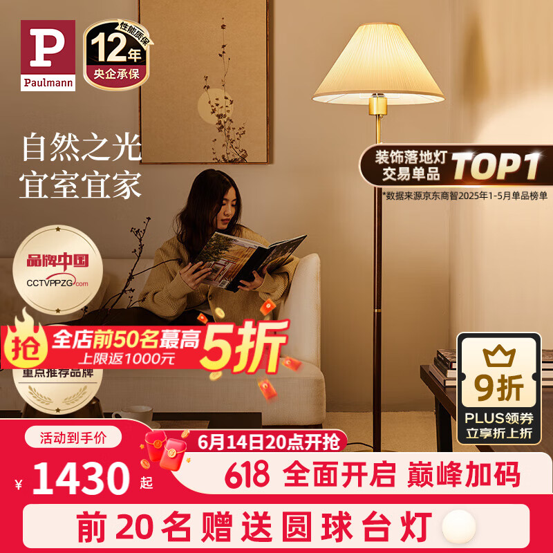 Paulmann P德国柏曼落地灯Yves 暖光灯客厅卧室氛围胡桃木杆复古立式灯具