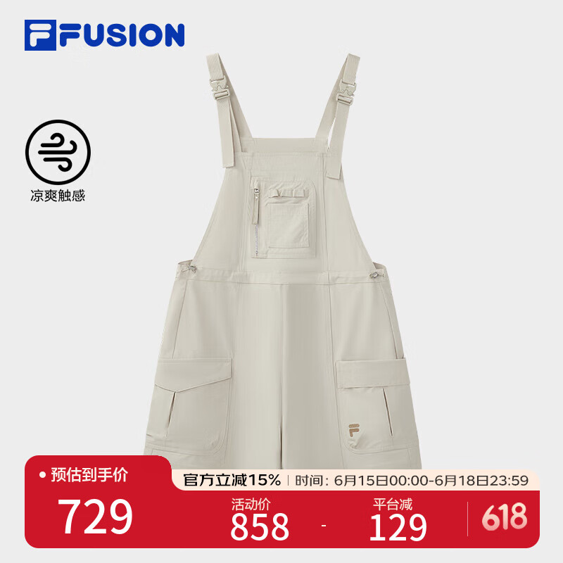FILA FUSION斐樂(lè)潮牌梭織背帶褲女2025夏季新款涼感寬松連體短褲 麥米卡其-BG L 170/70A/L