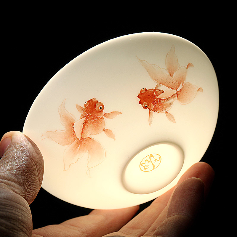 许瑞卿德化白瓷手绘茶杯陶瓷功夫主人杯景德手绘品茗杯/浅酒杯 红金鱼