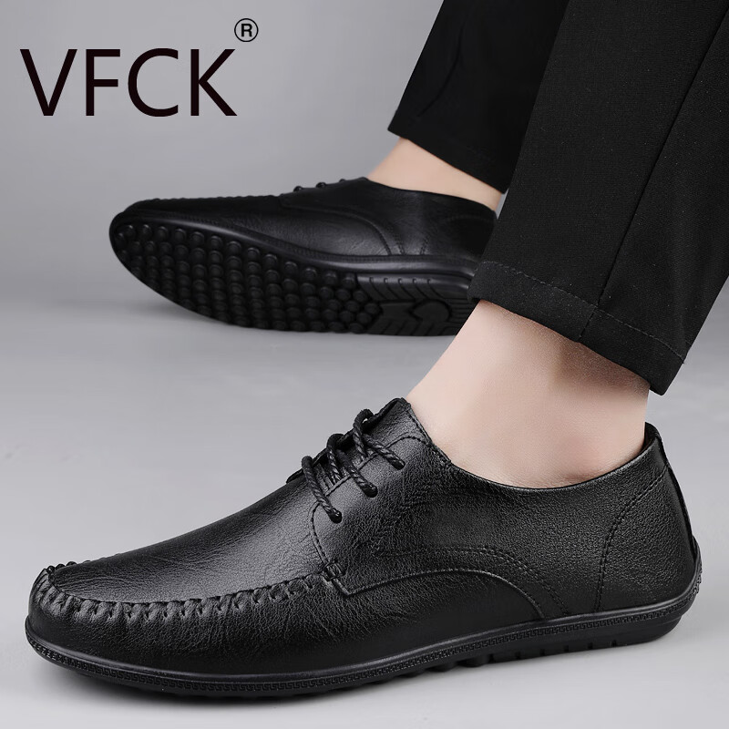 VFCK官方正品男鞋2025新款真皮透气商务休闲皮鞋男软皮软底系带驾车鞋 黑色CK-9810 46 (280mm) 标准皮鞋尺码