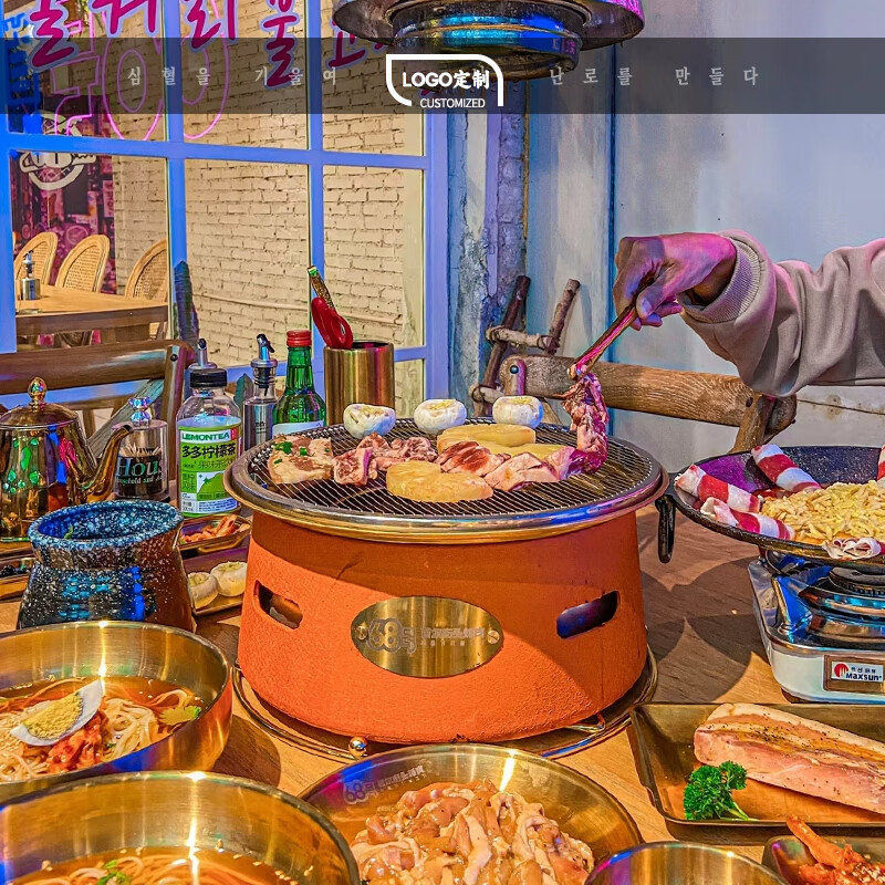 胤元西塔碳烤炉圆形烧烤炉仿泥炉韩式商用烤肉炉木炭烧烤架烤肉店炉 黑沙闪金配330弹簧丝烤网