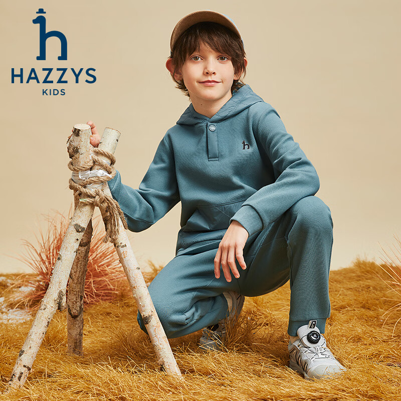哈吉斯(HAZZYS)童装男童套装秋季新品珠地挺括长袖两件套 天文绿 145