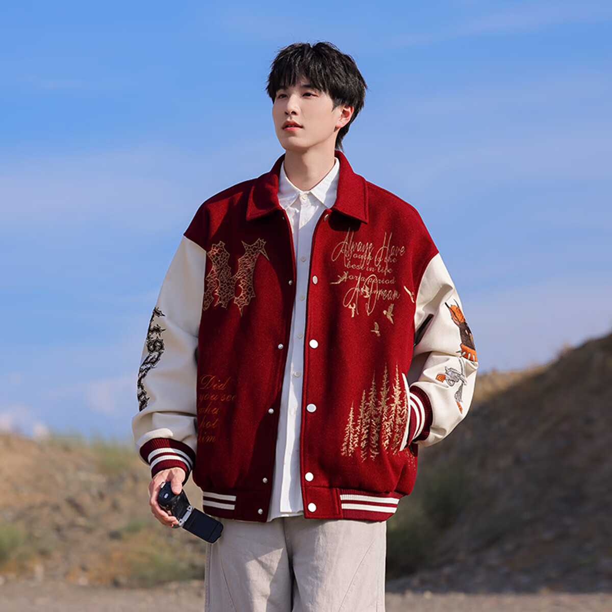 WHIM NASA美式外套男2025秋冬季加厚刺绣宽松棒球服国潮夹克新年本命年过年 枣红色 2XL （建议170-190斤）