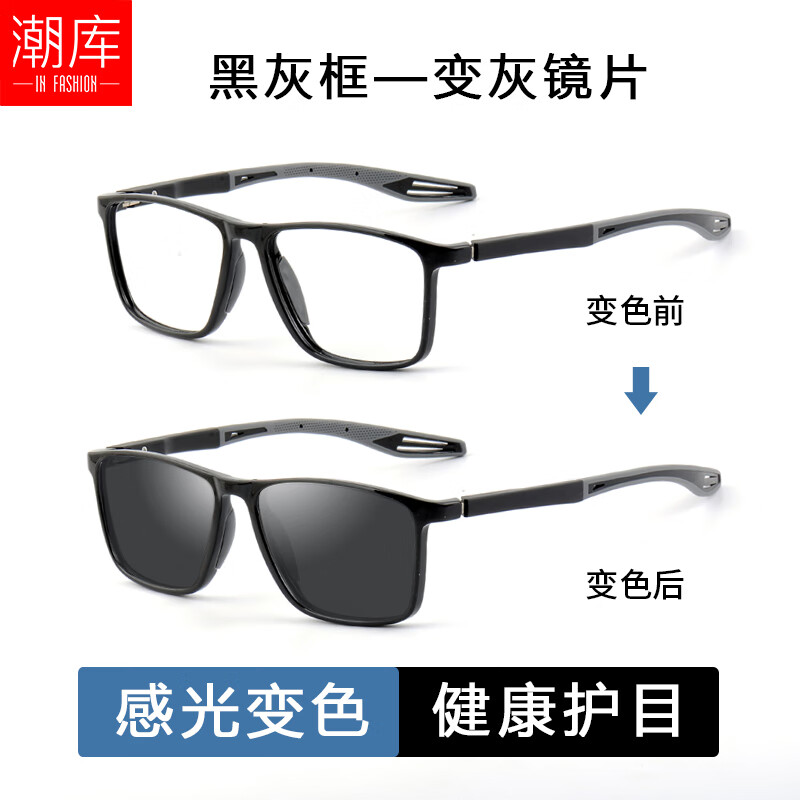 潮库超轻变色近视运动眼镜框男款户外打篮球羽毛球专用墨镜镜架女1019 黑灰+灰镜片 配1.61防蓝光变色0-800度