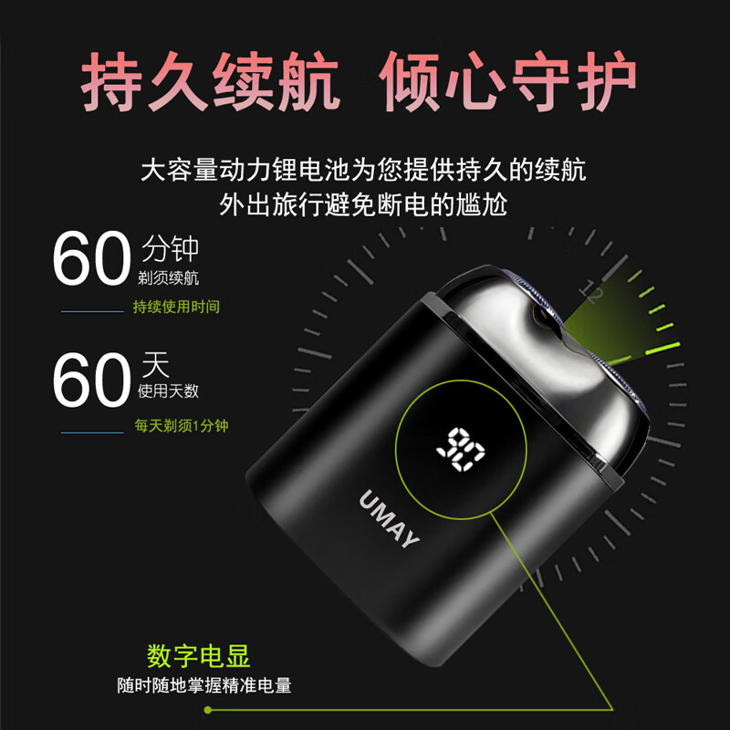 由魅电动剃须刀迷你刮胡刀浮动双刀头贴面矫正家庭可用60天长续航双环刀网防夹须1小时快充男士礼物 靛青色