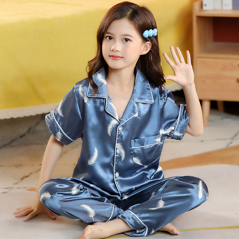 戀舒柔2025年夏季兒童睡衣女冰絲短袖薄款空調(diào)裝女童家居服套裝綿綢長(zhǎng)褲 N1107藍(lán)白羽毛 M 建議身高150-160cm 體重85-1