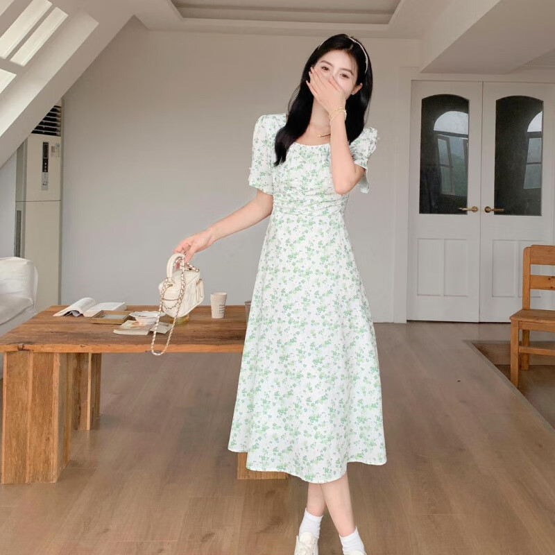 索宛亦（SUOWANYI）胖mm方领碎花连衣裙女夏小众设计感法式气质收腰显瘦小个子长裙女 绿色碎花(版) M