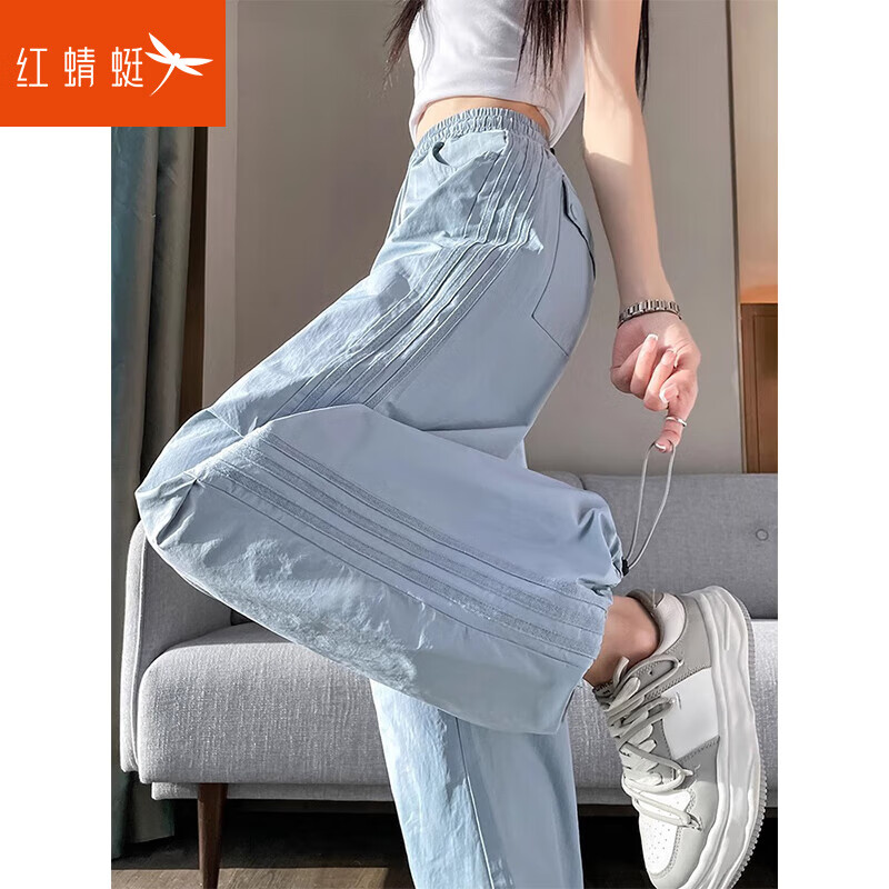 红蜻蜓侧条纹冰丝工装裤女夏季薄款2025新款阔腿速干伞兵运动裤休闲裤 蓝色常规 薄款 2XL 建议135-150斤