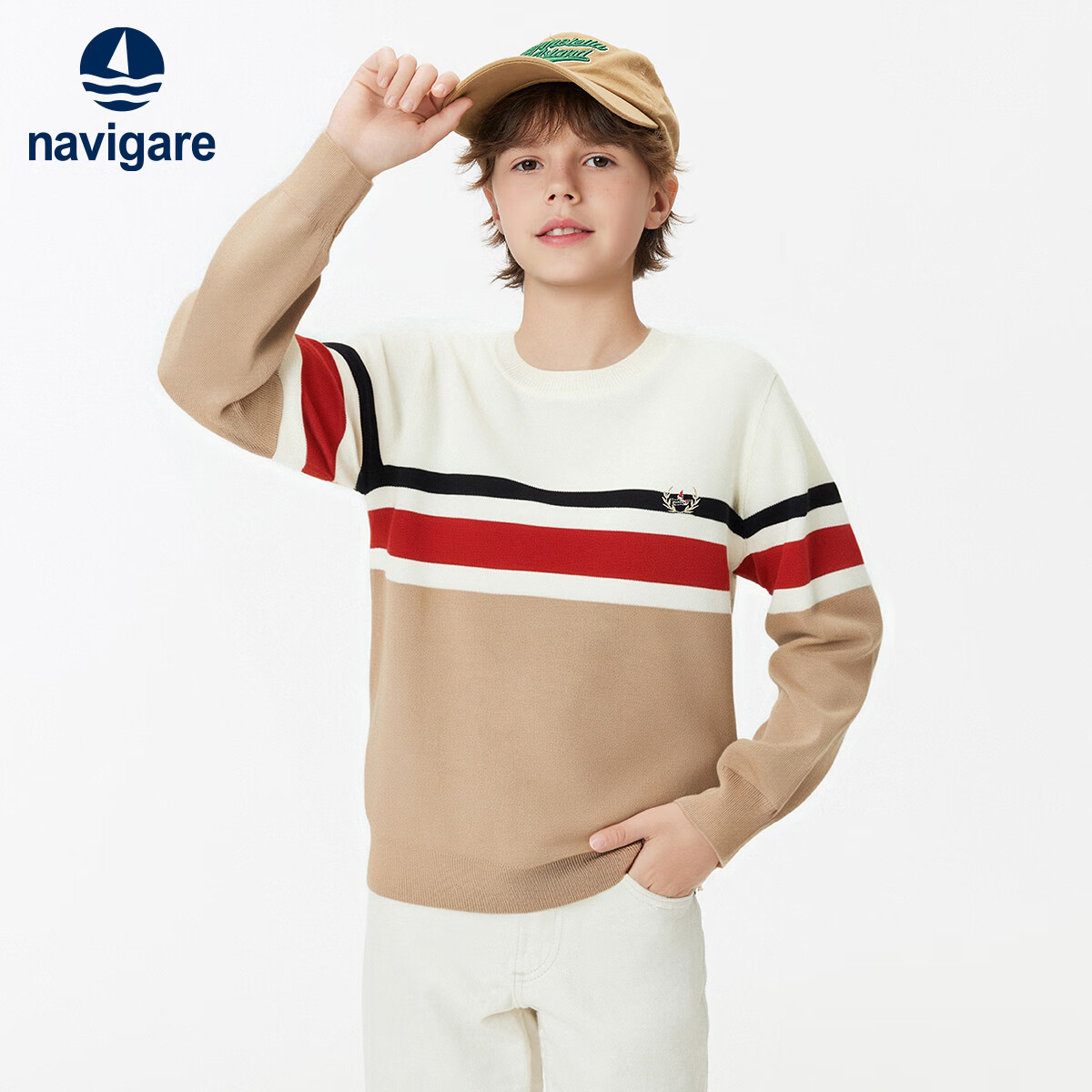 NAVIGARE意大利小帆船男童毛衣时尚撞色秋冬圆领毛衫保暖绵羊毛儿童针织衫 【撞色毛衣】卡其 150