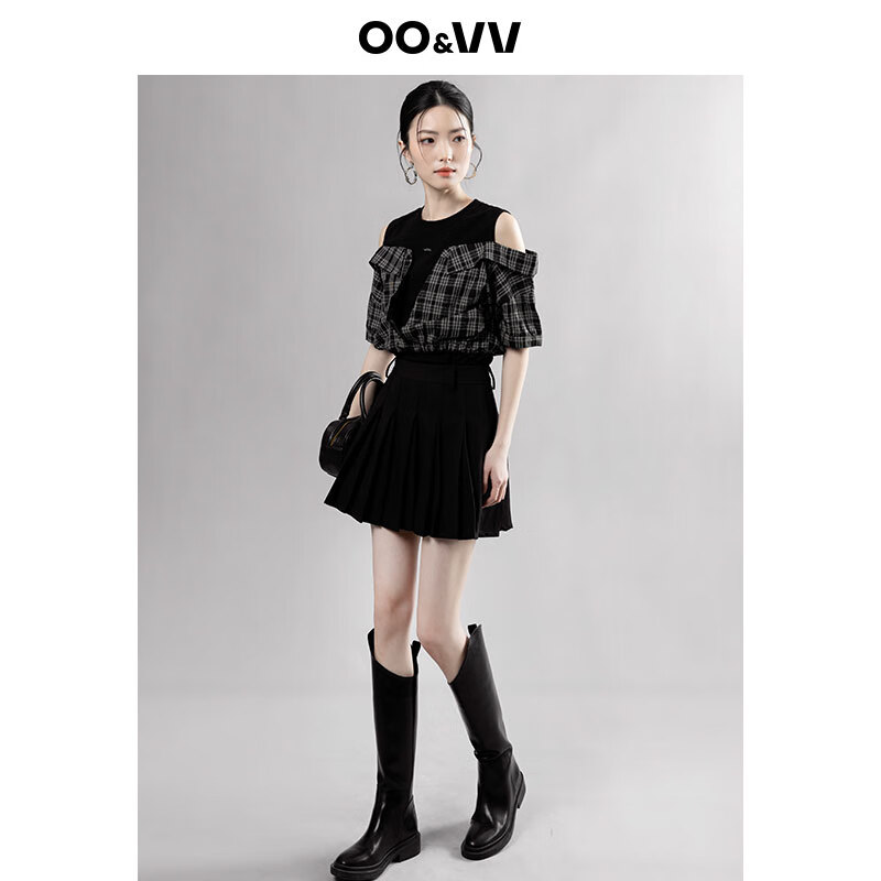 OO&VV设计感假两件格子短袖衬衫女2025夏季女装露肩显瘦小众上衣 黑色 L