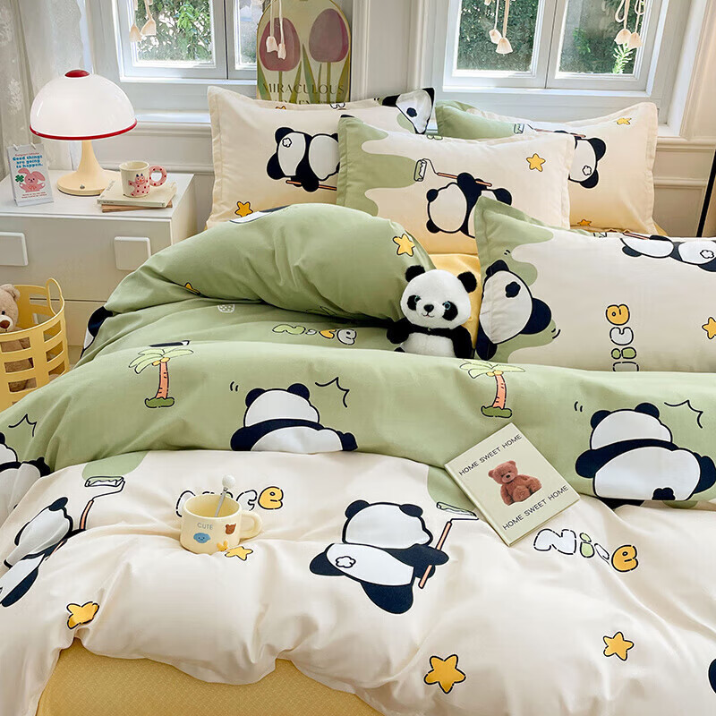 软贝小清新四件套 透气亲肤印花卡通简约田园风被套床单款套件 活力熊 2.0m 床单款 四件套（被套200*230cm）
