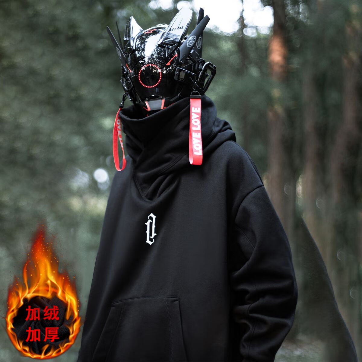 奈代鱼男士加绒面包服潮男 加厚国潮连帽卫衣男冬季加绒加宽松高 黑色