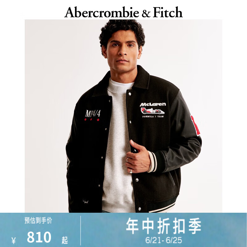 ABERCROMBIE & FITCH男裝24秋冬款美式邁凱倫學(xué)院風(fēng)黑色棒球服夾克外套KI132-4105 黑色 M (180/100A)