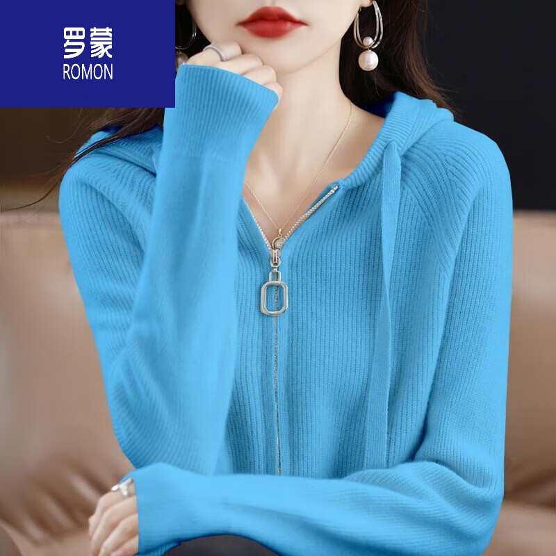 罗蒙（ROMON）高档品牌新款帽领开衫女拉链帽衫宽松连帽外搭毛衣女针织衫外套 高档品牌湖蓝色 M 建议95斤-105斤