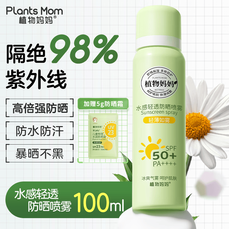 植物妈妈防晒喷雾户外军训专用青少年12-18岁儿童防晒喷雾防晒霜大人通用 【暴晒不黑】防晒喷雾1瓶丨赠冰凉贴1袋
