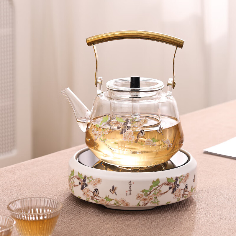岳恒玻璃提梁茶壶蒸煮一体陶瓷电陶炉煮茶器烧水壶养生壶办公室煮茶壶 【煮茶套装】百鸟朝凤+壶1100ml