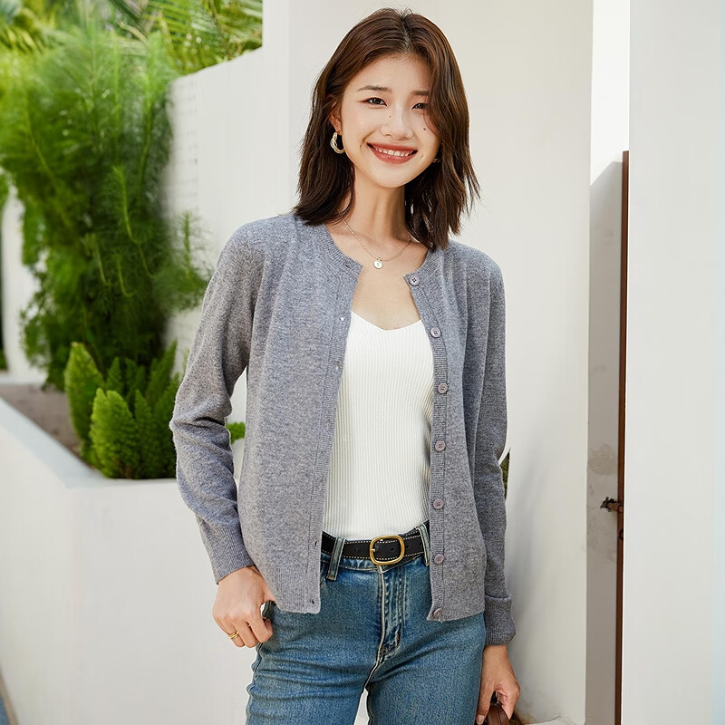 恒源祥纯色圆领羊毛衫女开衫秋冬新款毛衣外套时尚外穿纽扣insV领针织衫 烟灰色 M /165/88A