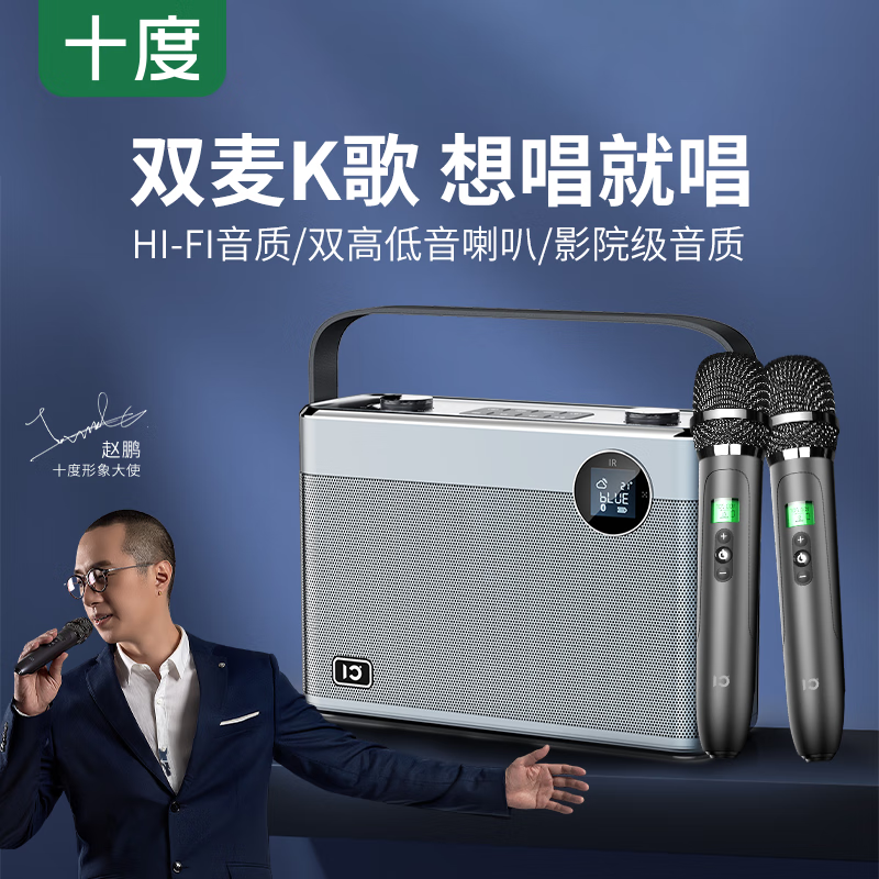 十度（SHIDU）天籁T11发烧级HIFI音响家用手提便携蓝牙音箱户外k歌麦克风一体音响家庭KTV音响套装声卡专业设备 灰色【无线双话筒版】 HiFi音质