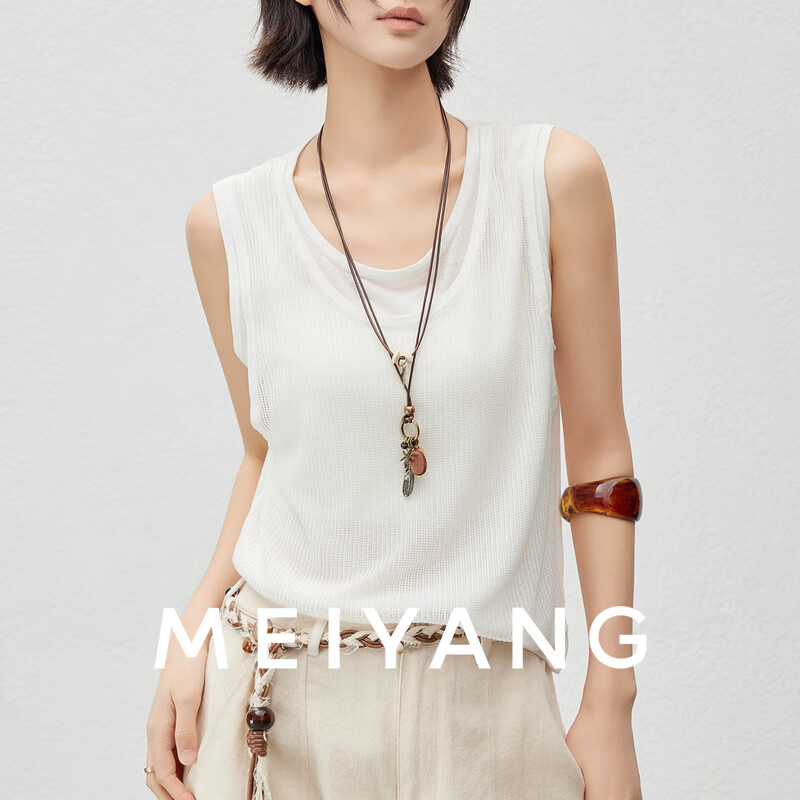 美洋（MEIYANG）云层针织马甲 醋酸天丝羊毛_假两件圆领无袖 白色 M