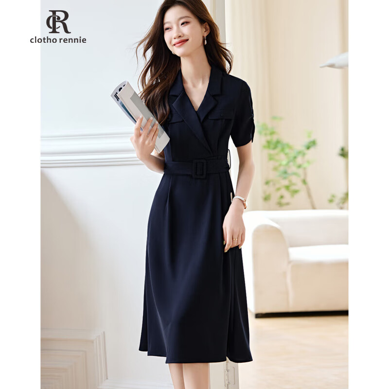 clotho Rennie品牌女裝西裝連衣裙女2025夏季新款小個(gè)子氣質(zhì)收腰顯瘦職業(yè)裝裙子 藏青色 M