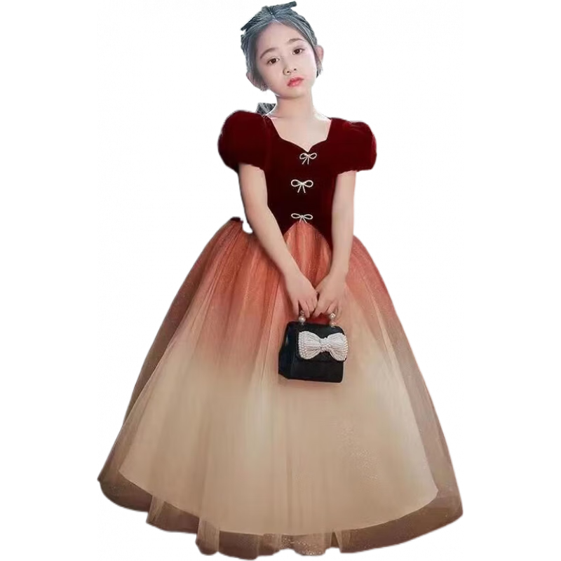 迪士尼（Disney）女童夏季禮服2025新款兒童鋼琴合唱公主裙小女孩演出服衣服 酒紅色禮服 【桔橙漸變送皇冠】 140 碼（建議身高125-135cm）