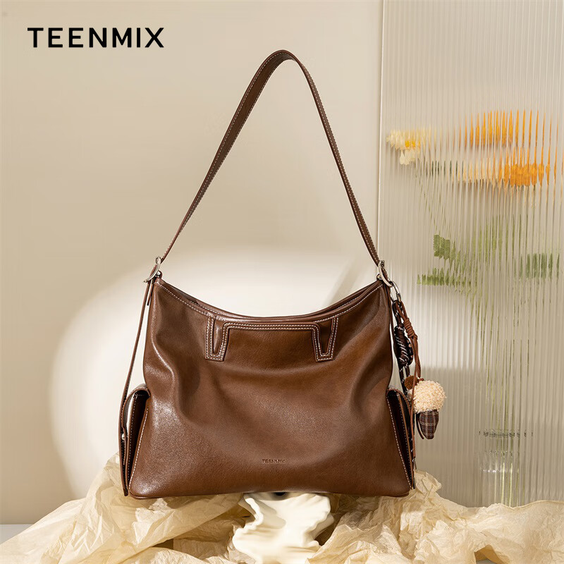 天美意（TEENMIX）女包牛皮水桶包通勤托特腋下斜挎单肩包生日礼物送女友老婆妈妈 【可放A4、14寸电脑】棕色大号