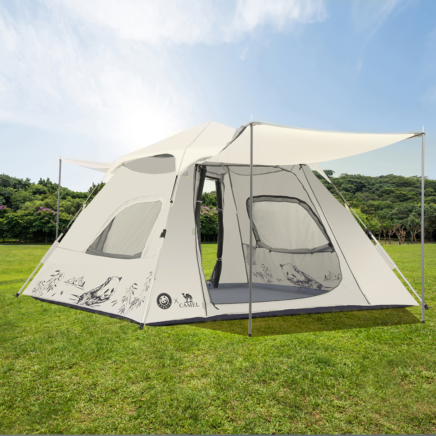 骆驼（CAMEL）熊猫联名帐篷户外全自动速开帐露营防雨防晒天幕帐 米白色2070