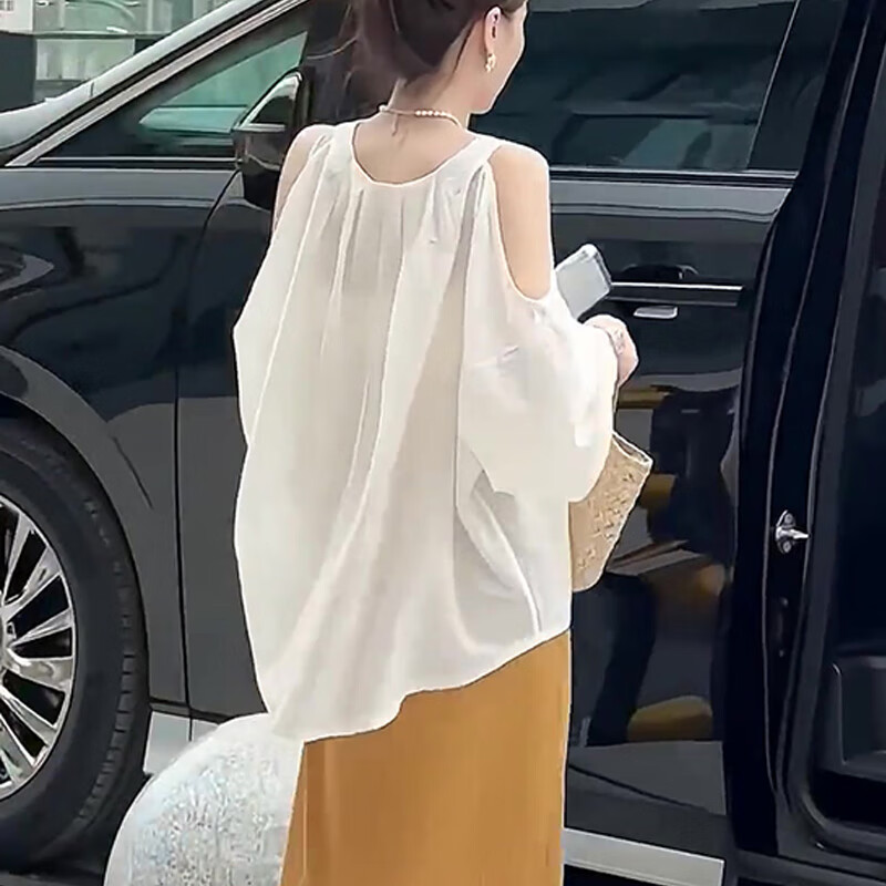 NYIG簡約法式露肩薄款微透長袖防曬襯衫女夏季款時尚洋氣寬松百搭襯衣 杏色上衣 S 【80-95斤】