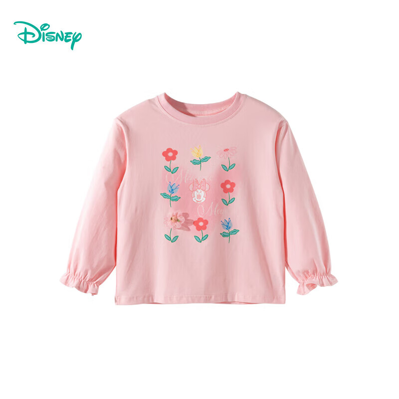 迪士尼宝宝(Disney Baby)秋季新款童装男女儿童米奇卡通透气百搭纯棉亲肤7A级抗菌长袖T恤 ZD3ES024桃粉 120