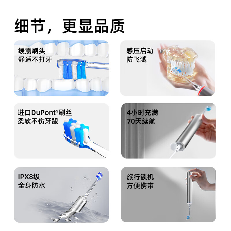 同同家(TTJ)铝合金柔频电动牙刷智能全自动声波护龈 男士女士专用情侣款套装礼盒装 生日礼物 教师节礼品T8 太空银 | 浅蓝刷头款