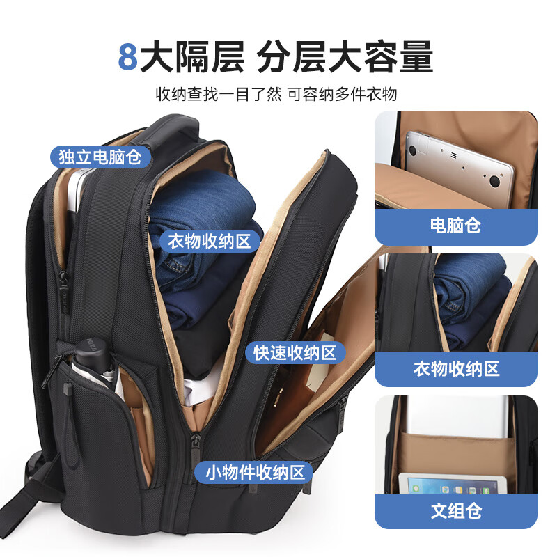 佐格双肩包男士背包多功能商务包出差旅行大容量多用男包防泼水电脑包 黑色