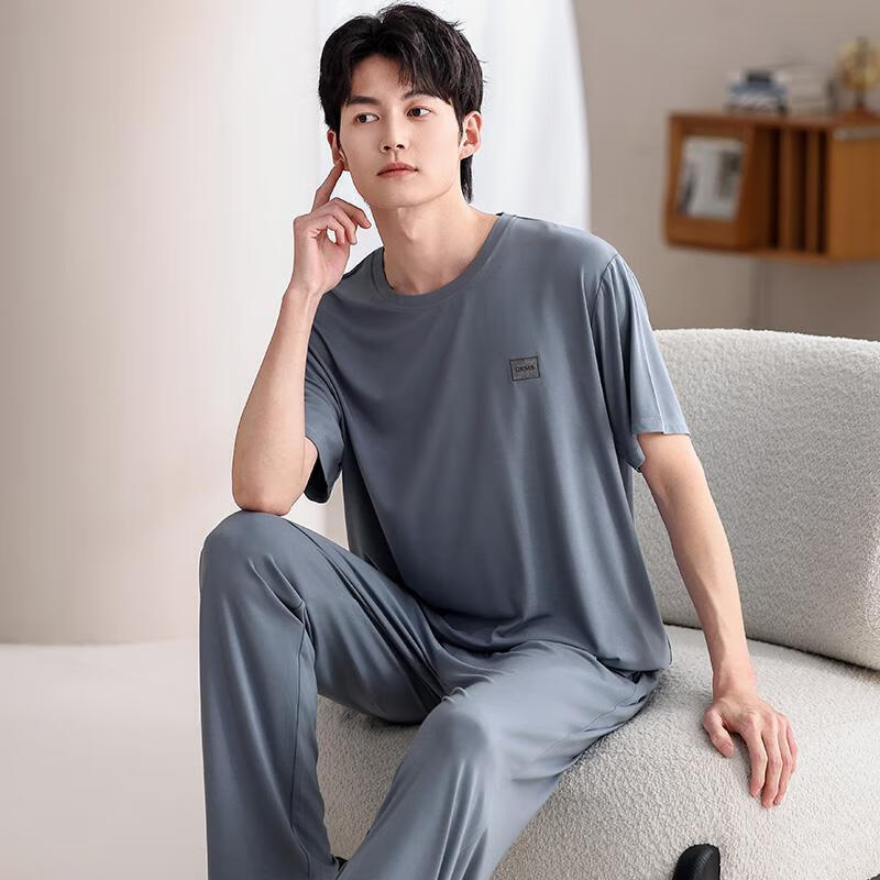 雅鹿睡衣男士夏季莫代尔薄款短袖2026新款冰丝凉感家居服大码套装 NSMZB-1790深湖蓝 【短袖长裤】 2XL 【建议体重140-160斤】